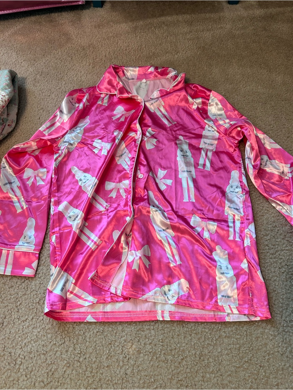 Hot Pink Satin Pajama Top with Nutcracker & Bow Print